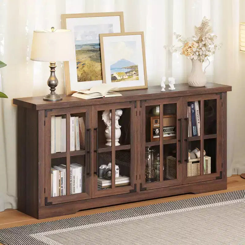 AMERLIFE 63 Farmhouse Sideboard, Wood Buffet with Glass Doors, Shelves, Living Room Storage, Coffee Bar