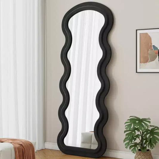 Whisen Flannel Wavy Full-Length Mirror with Soft Padded Wooden Design, Irregular Floor or Wall Mirror, 3 Colors