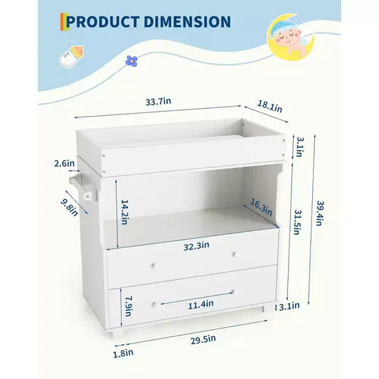 Commode à langer pour bébé, table à langer moderne en bois avec 2 tiroirs, station à langer multifonctionnelle pour chambre de bébé, chambre à coucher
