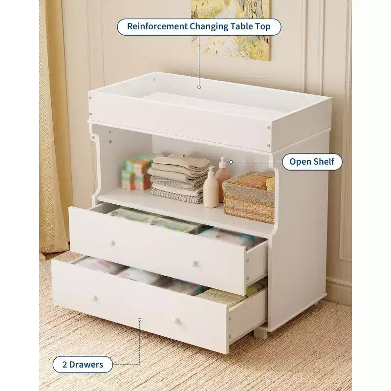 Commode à langer pour bébé, table à langer moderne en bois avec 2 tiroirs, station à langer multifonctionnelle pour chambre de bébé, chambre à coucher