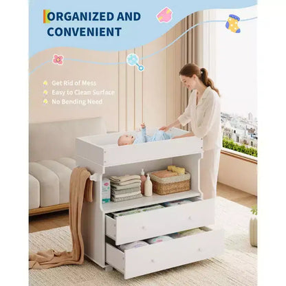 Commode à langer pour bébé, table à langer moderne en bois avec 2 tiroirs, station à langer multifonctionnelle pour chambre de bébé, chambre à coucher