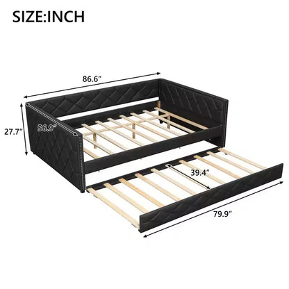 Lit de repos rembourré Whisen Full XL avec lit gigogne, canapé-lit, lit d'appoint avec cadre en bois de pin massif, cuir PU, accoudoirs capitonnés