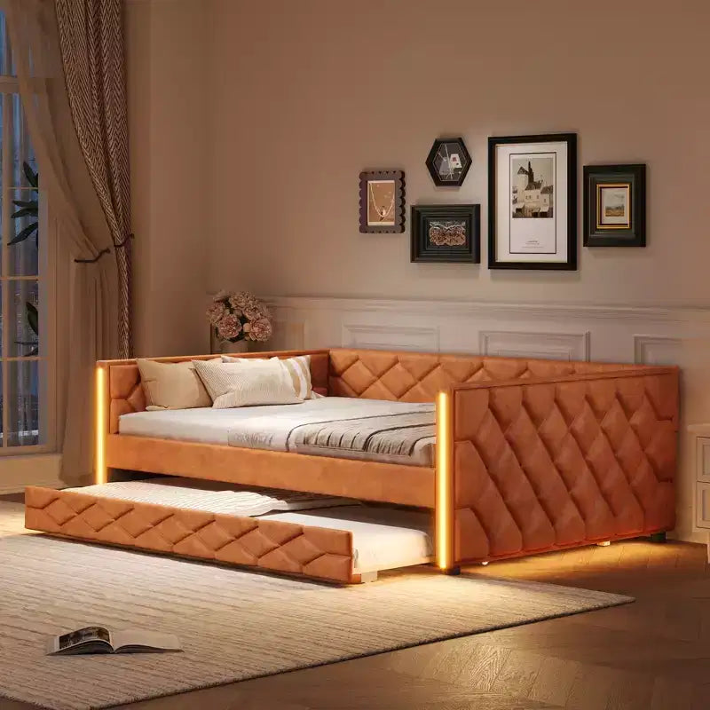 Lit de repos rembourré Whisen Full XL avec lit gigogne, canapé-lit, lit d'appoint avec cadre en bois de pin massif, cuir PU, accoudoirs capitonnés
