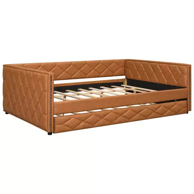 Lit de repos rembourré Whisen Full XL avec lit gigogne, canapé-lit, lit d'appoint avec cadre en bois de pin massif, cuir PU, accoudoirs capitonnés