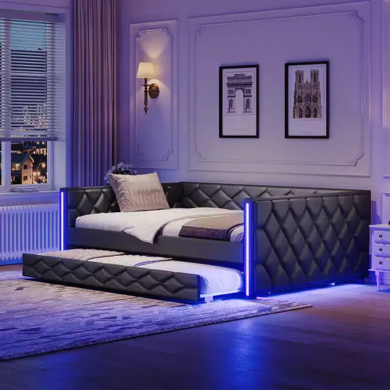 Lit de repos rembourré Whisen Full XL avec lit gigogne, canapé-lit, lit d'appoint avec cadre en bois de pin massif, cuir PU, accoudoirs capitonnés