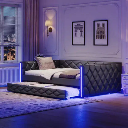 Lit de repos rembourré Whisen Full XL avec lit gigogne, canapé-lit, lit d'appoint avec cadre en bois de pin massif, cuir PU, accoudoirs capitonnés