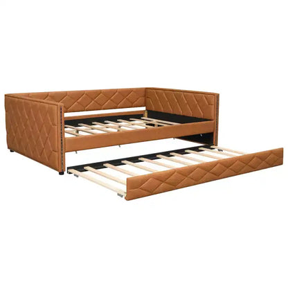 Lit de repos rembourré Whisen Full XL avec lit gigogne, canapé-lit, lit d'appoint avec cadre en bois de pin massif, cuir PU, accoudoirs capitonnés