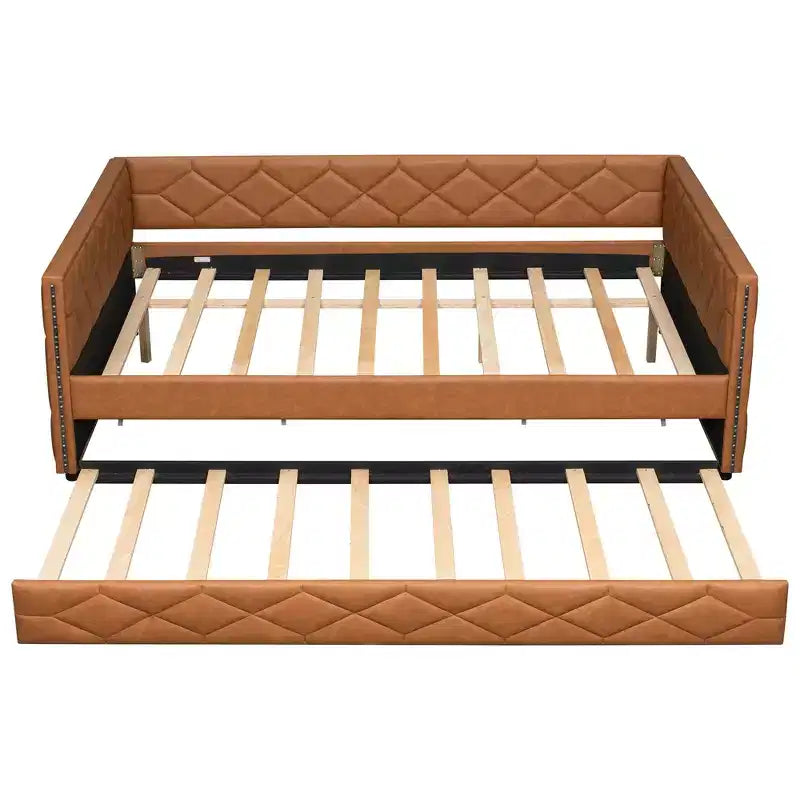 Lit de repos rembourré Whisen Full XL avec lit gigogne, canapé-lit, lit d'appoint avec cadre en bois de pin massif, cuir PU, accoudoirs capitonnés