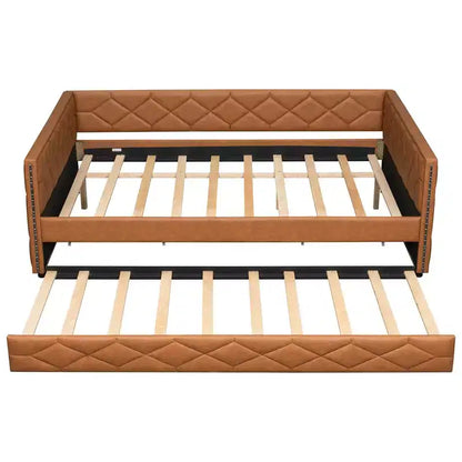Lit de repos rembourré Whisen Full XL avec lit gigogne, canapé-lit, lit d'appoint avec cadre en bois de pin massif, cuir PU, accoudoirs capitonnés