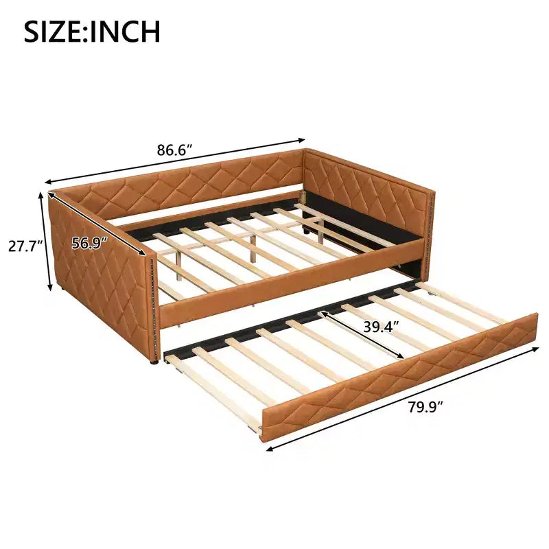 Lit de repos rembourré Whisen Full XL avec lit gigogne, canapé-lit, lit d'appoint avec cadre en bois de pin massif, cuir PU, accoudoirs capitonnés