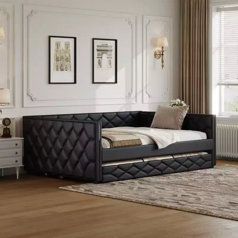 Lit de repos rembourré Whisen Full XL avec lit gigogne, canapé-lit, lit d'appoint avec cadre en bois de pin massif, cuir PU, accoudoirs capitonnés