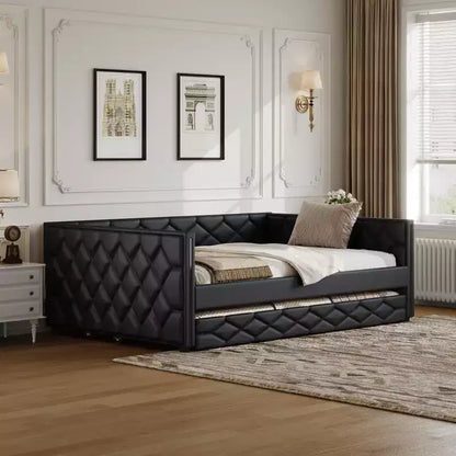 Lit de repos rembourré Whisen Full XL avec lit gigogne, canapé-lit, lit d'appoint avec cadre en bois de pin massif, cuir PU, accoudoirs capitonnés