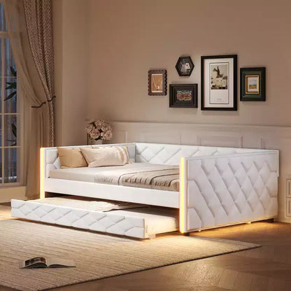 Lit de repos rembourré Whisen Full XL avec lit gigogne, canapé-lit, lit d'appoint avec cadre en bois de pin massif, cuir PU, accoudoirs capitonnés