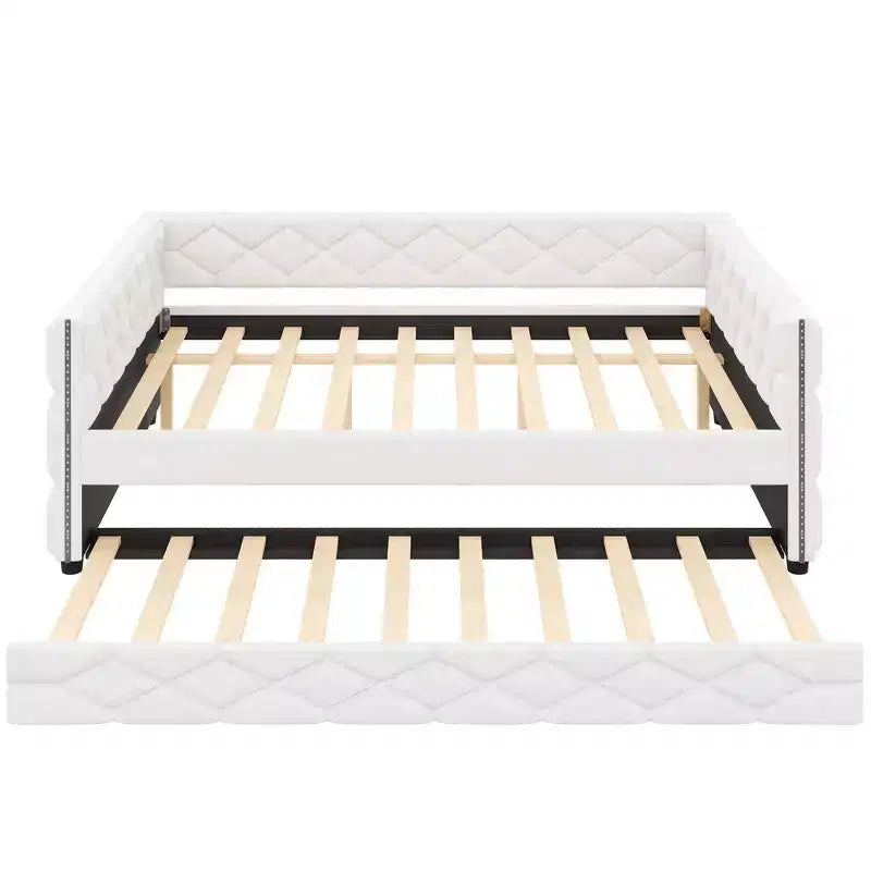 Lit de repos rembourré Whisen Full XL avec lit gigogne, canapé-lit, lit d'appoint avec cadre en bois de pin massif, cuir PU, accoudoirs capitonnés