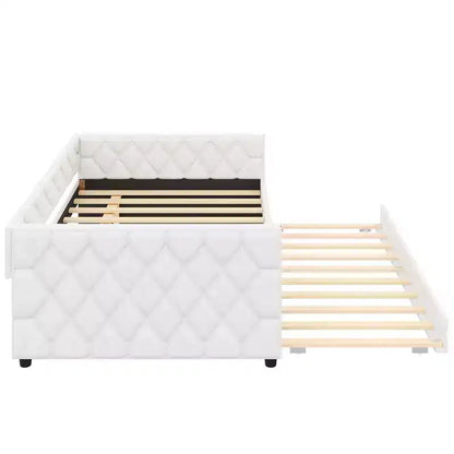 Lit de repos rembourré Whisen Full XL avec lit gigogne, canapé-lit, lit d'appoint avec cadre en bois de pin massif, cuir PU, accoudoirs capitonnés