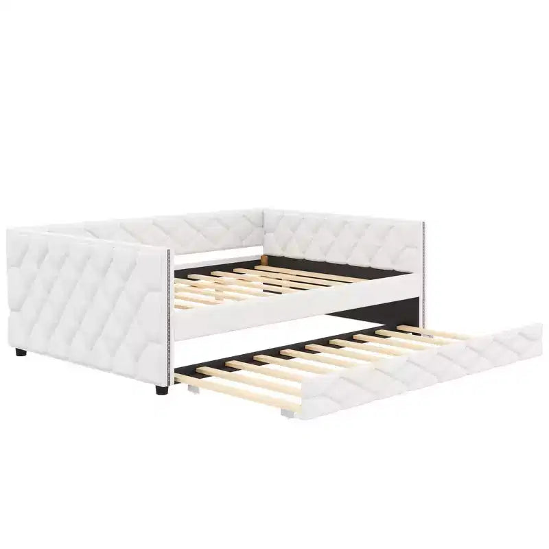 Lit de repos rembourré Whisen Full XL avec lit gigogne, canapé-lit, lit d'appoint avec cadre en bois de pin massif, cuir PU, accoudoirs capitonnés