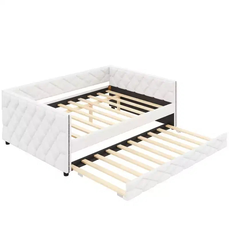 Lit de repos rembourré Whisen Full XL avec lit gigogne, canapé-lit, lit d'appoint avec cadre en bois de pin massif, cuir PU, accoudoirs capitonnés