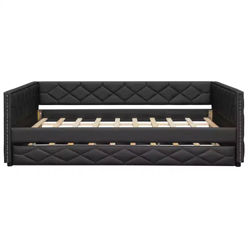 Lit de repos rembourré Whisen Full XL avec lit gigogne, canapé-lit, lit d'appoint avec cadre en bois de pin massif, cuir PU, accoudoirs capitonnés