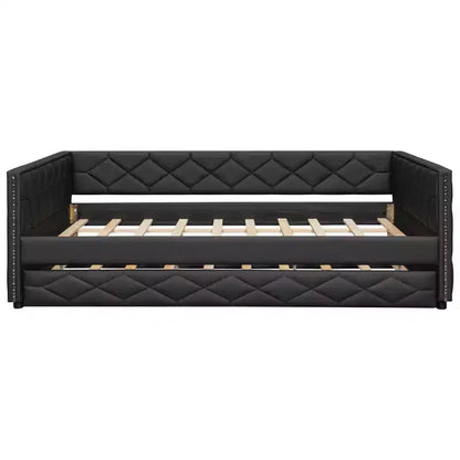 Lit de repos rembourré Whisen Full XL avec lit gigogne, canapé-lit, lit d'appoint avec cadre en bois de pin massif, cuir PU, accoudoirs capitonnés