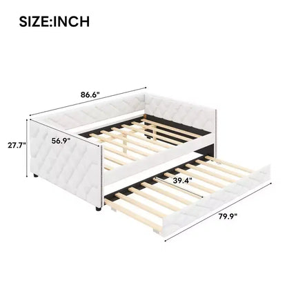 Lit de repos rembourré Whisen Full XL avec lit gigogne, canapé-lit, lit d'appoint avec cadre en bois de pin massif, cuir PU, accoudoirs capitonnés