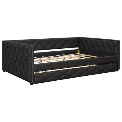Lit de repos rembourré Whisen Full XL avec lit gigogne, canapé-lit, lit d'appoint avec cadre en bois de pin massif, cuir PU, accoudoirs capitonnés
