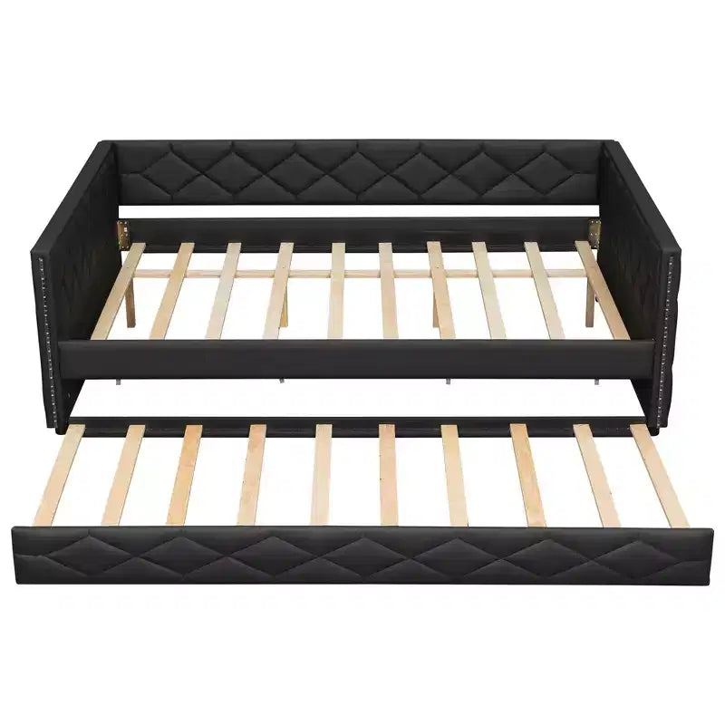 Lit de repos rembourré Whisen Full XL avec lit gigogne, canapé-lit, lit d'appoint avec cadre en bois de pin massif, cuir PU, accoudoirs capitonnés