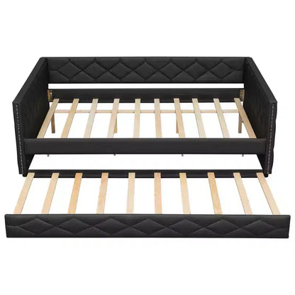 Lit de repos rembourré Whisen Full XL avec lit gigogne, canapé-lit, lit d'appoint avec cadre en bois de pin massif, cuir PU, accoudoirs capitonnés