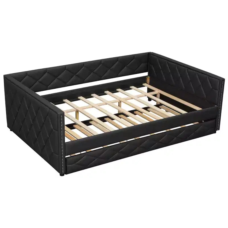 Lit de repos rembourré Whisen Full XL avec lit gigogne, canapé-lit, lit d'appoint avec cadre en bois de pin massif, cuir PU, accoudoirs capitonnés