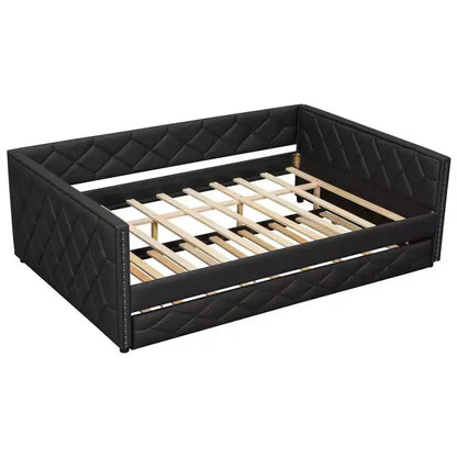 Lit de repos rembourré Whisen Full XL avec lit gigogne, canapé-lit, lit d'appoint avec cadre en bois de pin massif, cuir PU, accoudoirs capitonnés