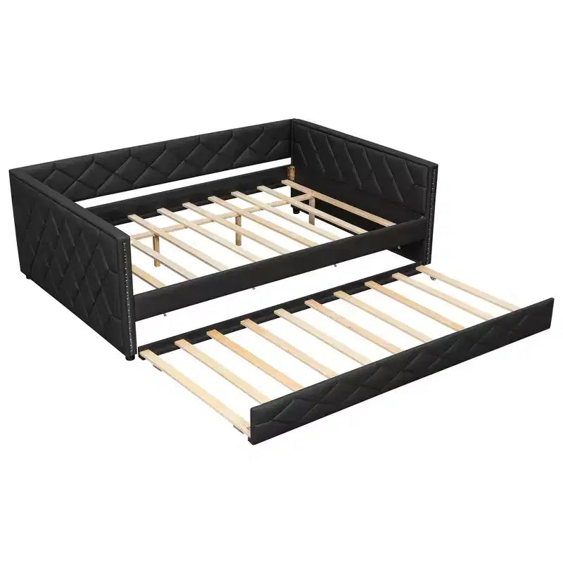 Lit de repos rembourré Whisen Full XL avec lit gigogne, canapé-lit, lit d'appoint avec cadre en bois de pin massif, cuir PU, accoudoirs capitonnés
