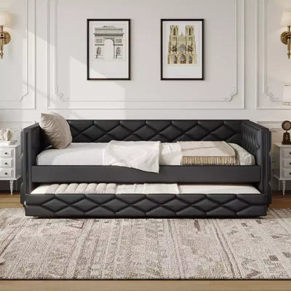 Whisen Full XL Size Upholstered Daybed with Trundle, Sofa Bed, Guest Bed with Solid Pine Wood Frame, PU Leather, Tufted Armrests