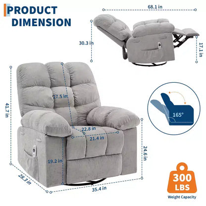 Fauteuil de massage inclinable et chauffant – Fauteuil à bascule pivotant à 360°, canapé simple surdimensionné avec vibration, port USB et poches de rangement pour salon/chambre