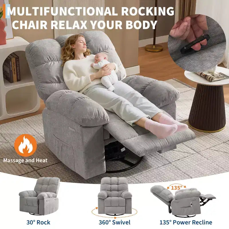 Fauteuil de massage inclinable et chauffant – Fauteuil à bascule pivotant à 360°, canapé simple surdimensionné avec vibration, port USB et poches de rangement pour salon/chambre