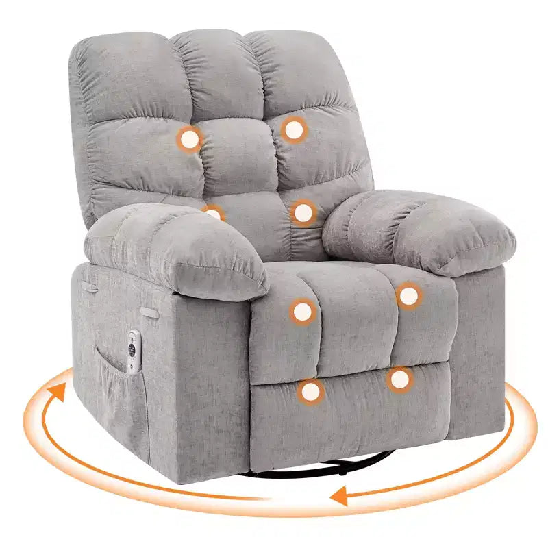 Fauteuil de massage inclinable et chauffant – Fauteuil à bascule pivotant à 360°, canapé simple surdimensionné avec vibration, port USB et poches de rangement pour salon/chambre