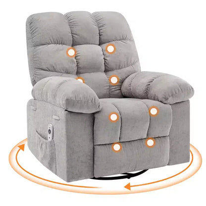 Fauteuil de massage inclinable et chauffant – Fauteuil à bascule pivotant à 360°, canapé simple surdimensionné avec vibration, port USB et poches de rangement pour salon/chambre
