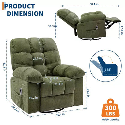 Fauteuil de massage inclinable et chauffant – Fauteuil à bascule pivotant à 360°, canapé simple surdimensionné avec vibration, port USB et poches de rangement pour salon/chambre