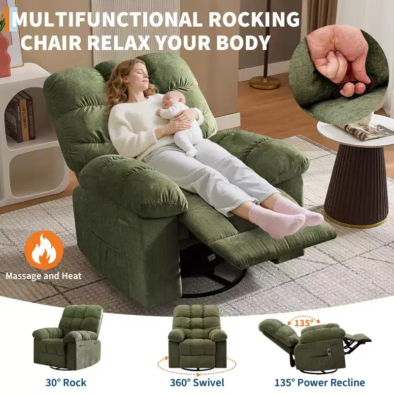 Fauteuil de massage inclinable et chauffant – Fauteuil à bascule pivotant à 360°, canapé simple surdimensionné avec vibration, port USB et poches de rangement pour salon/chambre