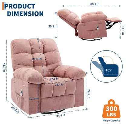Fauteuil de massage inclinable et chauffant – Fauteuil à bascule pivotant à 360°, canapé simple surdimensionné avec vibration, port USB et poches de rangement pour salon/chambre