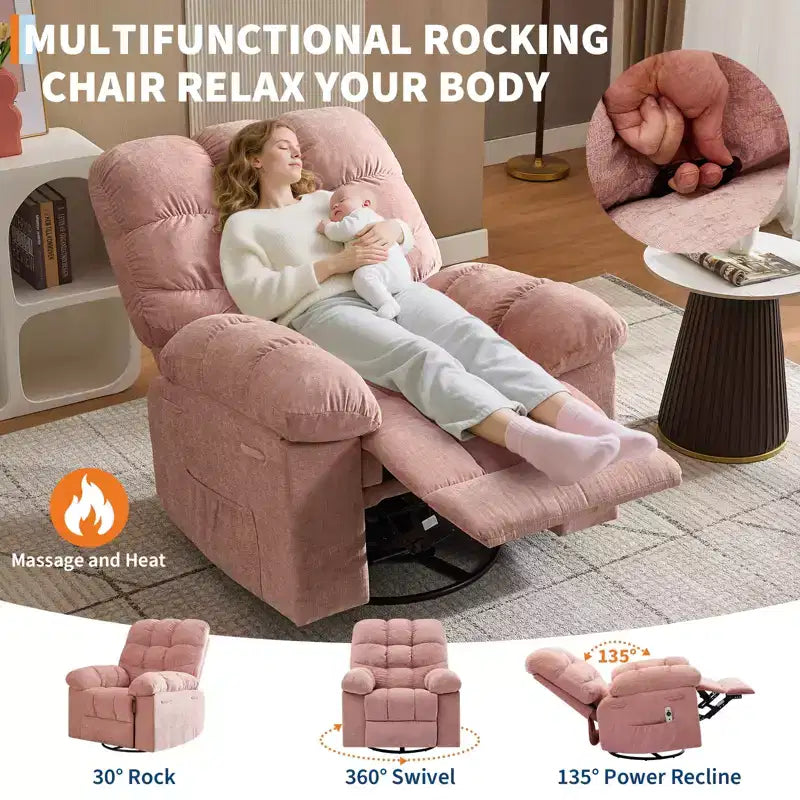 Fauteuil de massage inclinable et chauffant – Fauteuil à bascule pivotant à 360°, canapé simple surdimensionné avec vibration, port USB et poches de rangement pour salon/chambre