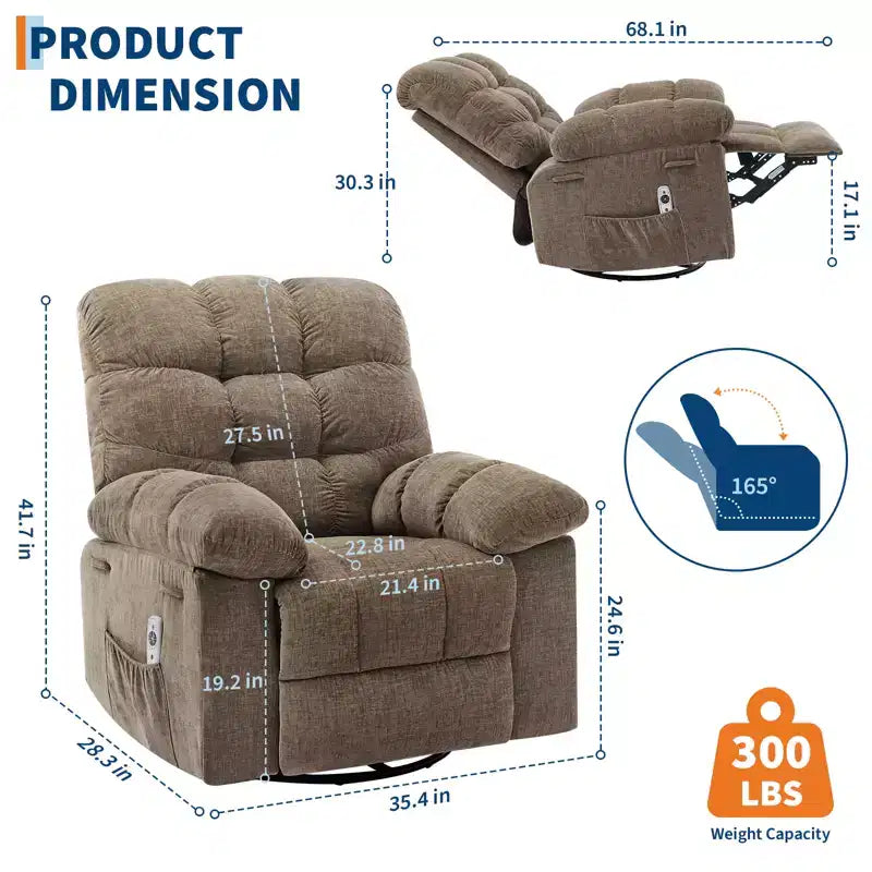 Fauteuil de massage inclinable et chauffant – Fauteuil à bascule pivotant à 360°, canapé simple surdimensionné avec vibration, port USB et poches de rangement pour salon/chambre