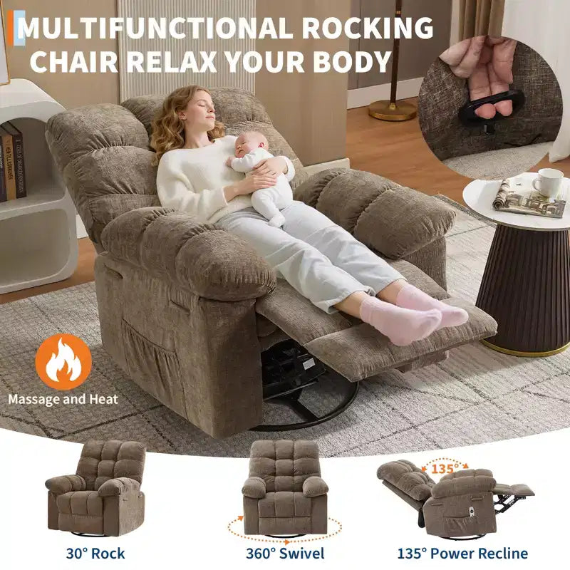 Fauteuil de massage inclinable et chauffant – Fauteuil à bascule pivotant à 360°, canapé simple surdimensionné avec vibration, port USB et poches de rangement pour salon/chambre