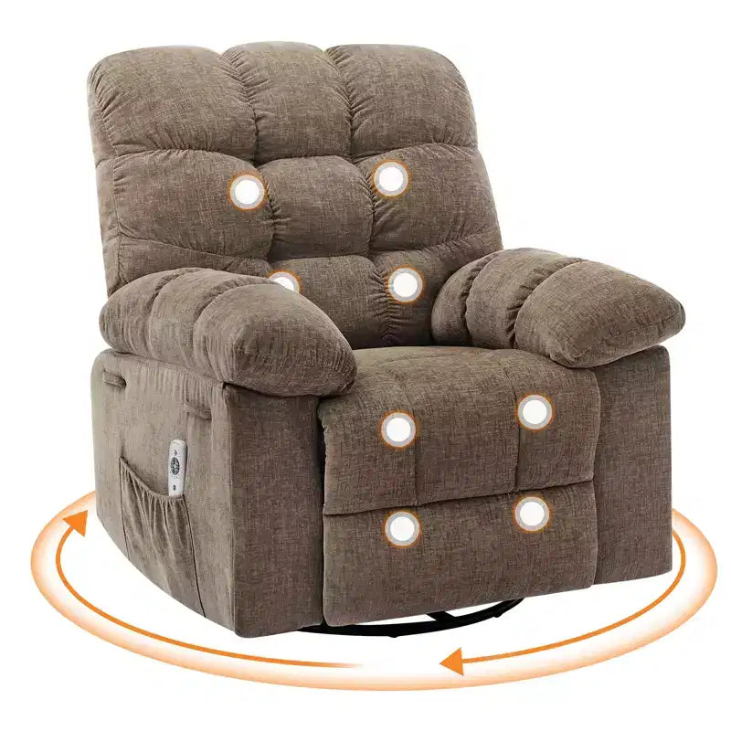 Fauteuil de massage inclinable et chauffant – Fauteuil à bascule pivotant à 360°, canapé simple surdimensionné avec vibration, port USB et poches de rangement pour salon/chambre