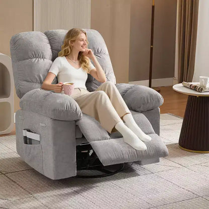 Fauteuil de massage inclinable et chauffant – Fauteuil à bascule pivotant à 360°, canapé simple surdimensionné avec vibration, port USB et poches de rangement pour salon/chambre
