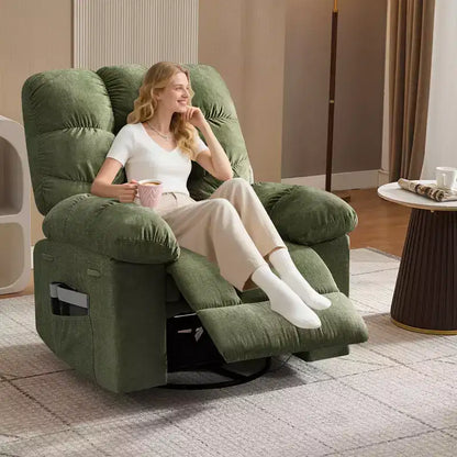 Fauteuil de massage inclinable et chauffant – Fauteuil à bascule pivotant à 360°, canapé simple surdimensionné avec vibration, port USB et poches de rangement pour salon/chambre