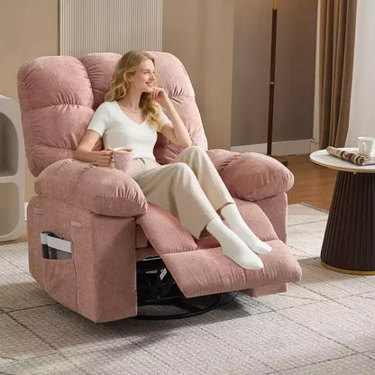 Fauteuil de massage inclinable et chauffant – Fauteuil à bascule pivotant à 360°, canapé simple surdimensionné avec vibration, port USB et poches de rangement pour salon/chambre