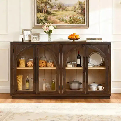Luxystar 4-Door Sideboard Buffet Cabinet with Large Storage, Glass Doors and Adjustable Shelves for Dining and Living Room, Espresso
