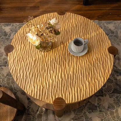 Table basse ronde de style Mid-Century avec rangement, table d'appoint à 2 niveaux en bois massif, naturelle - ModernLuxe