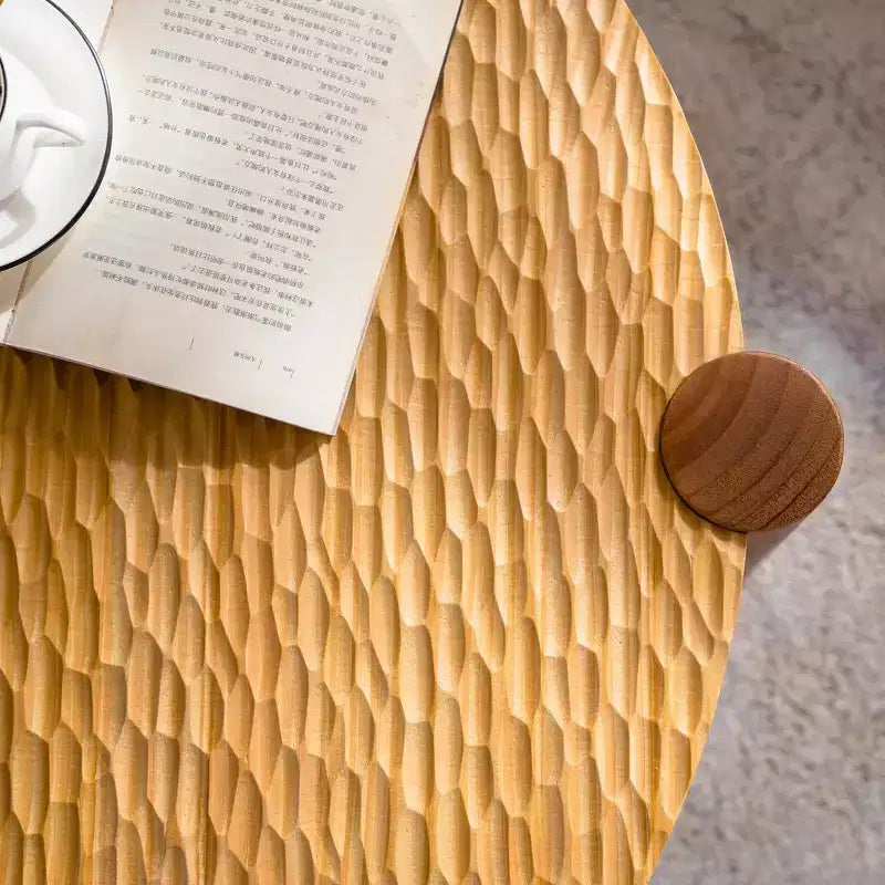 Table basse ronde de style Mid-Century avec rangement, table d'appoint à 2 niveaux en bois massif, naturelle - ModernLuxe