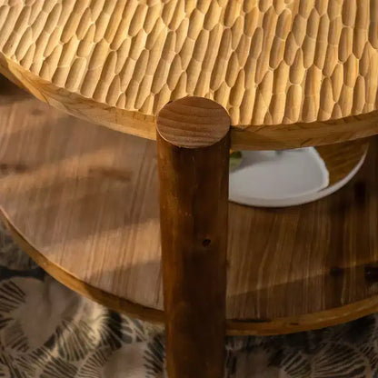 Table basse ronde de style Mid-Century avec rangement, table d'appoint à 2 niveaux en bois massif, naturelle - ModernLuxe