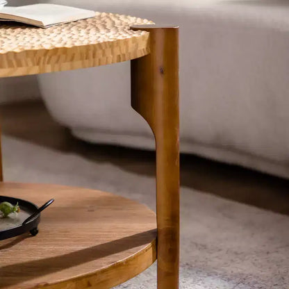Table basse ronde de style Mid-Century avec rangement, table d'appoint à 2 niveaux en bois massif, naturelle - ModernLuxe